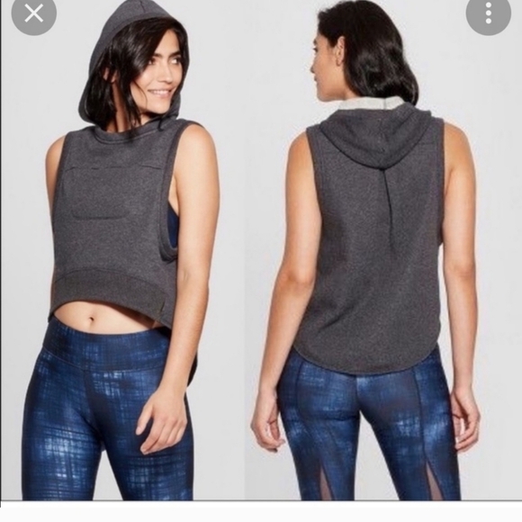 Joy Lab Hooded Crop Top Sweatshirt Vest charcoal gray fleece zipper pocket - Picture 1 of 7